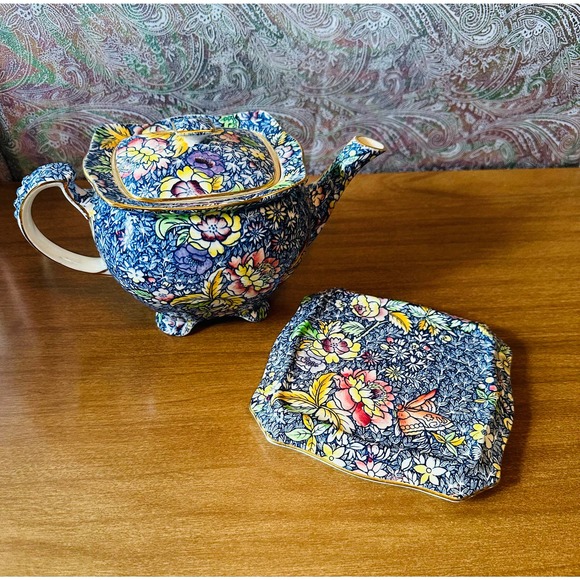 Rare Royal Winton chintz blue Anemone teapot with matching plate/display stand - Picture 2 of 10